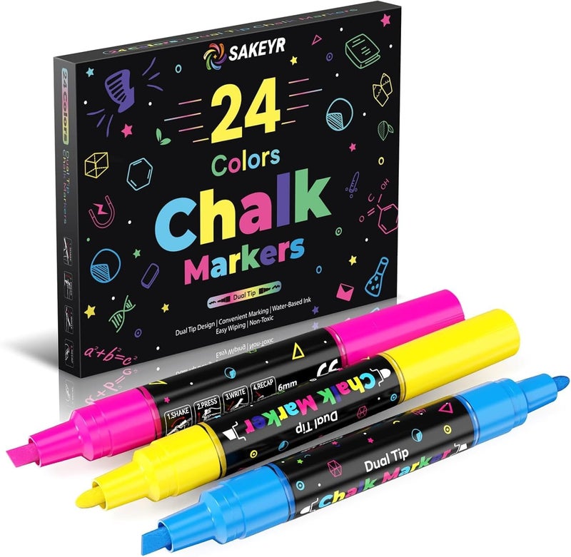 SAKEYR 24 Vibrant Colors Dual Tip Liquid Chalk Markers – Erasable Chalk Pens for Blackboard, Chalkboard Signs, Glass, Windows, Bar Menu, Wet Erase Neon Makers for Just Married Car Windows Decorations - Image 1